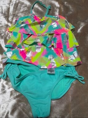 wonder nation teal bikini bottom with neon pineapple trim